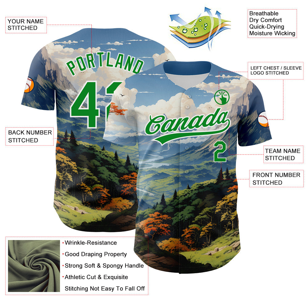 Custom White Grass Green 3D Pattern Design Mountains Landscape Authentic Baseball Jersey - Sky-Custom