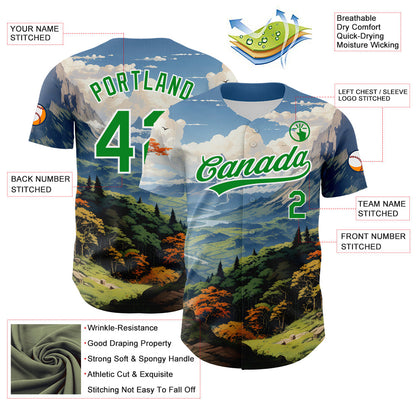Custom White Grass Green 3D Pattern Design Mountains Landscape Authentic Baseball Jersey - Sky-Custom