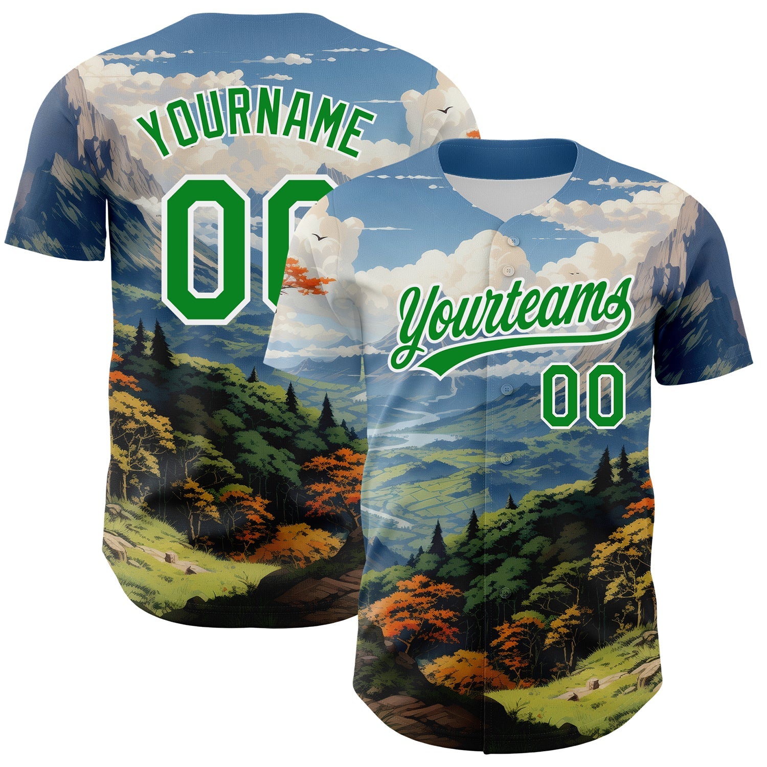 Custom White Grass Green 3D Pattern Design Mountains Landscape Authentic Baseball Jersey - Sky-Custom