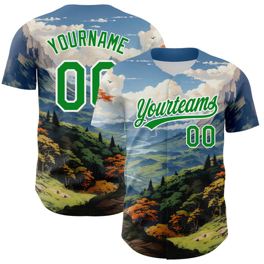 Custom White Grass Green 3D Pattern Design Mountains Landscape Authentic Baseball Jersey - Sky-Custom