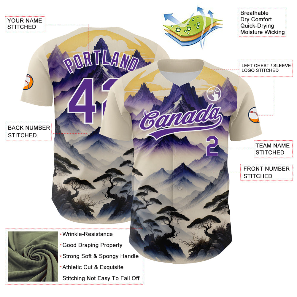 Custom White Purple 3D Pattern Design Mountains Landscape Authentic Baseball Jersey - Sky-Custom
