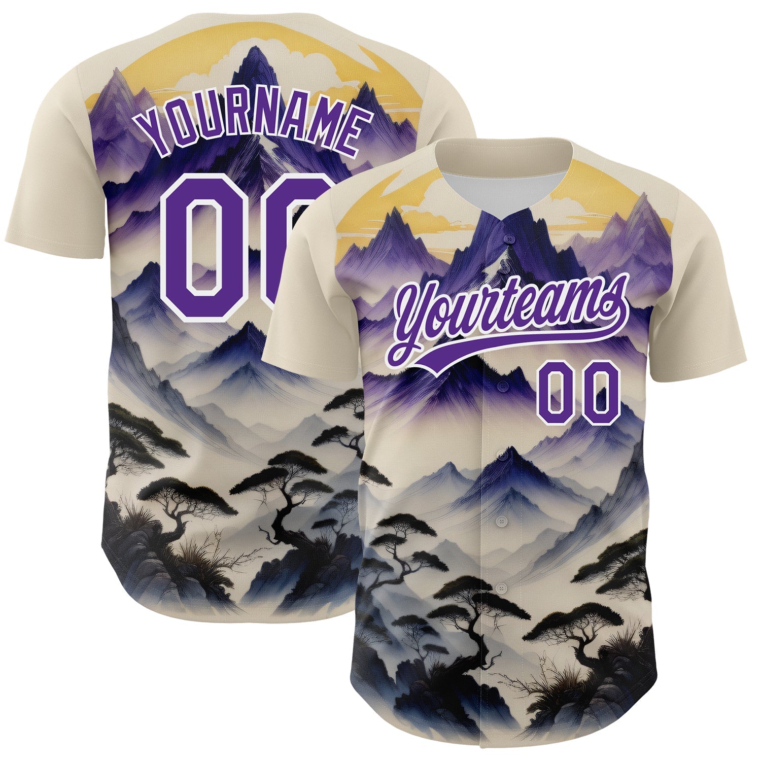Custom White Purple 3D Pattern Design Mountains Landscape Authentic Baseball Jersey - Sky-Custom