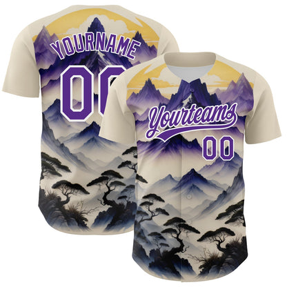 Custom White Purple 3D Pattern Design Mountains Landscape Authentic Baseball Jersey - Sky-Custom