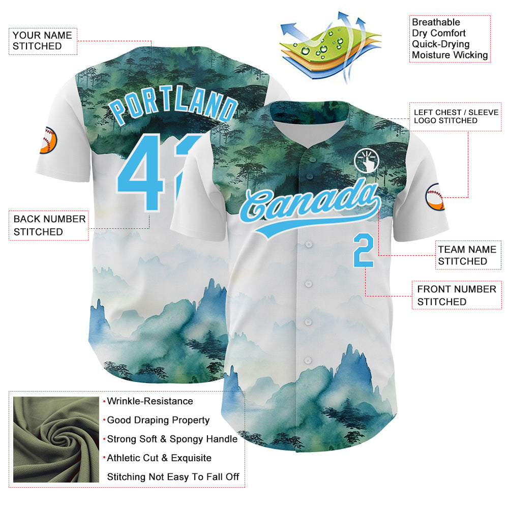 Custom White Sky Blue 3D Pattern Design Mountains Landscape Authentic Baseball Jersey - Sky-Custom