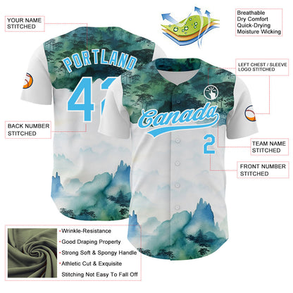 Custom White Sky Blue 3D Pattern Design Mountains Landscape Authentic Baseball Jersey - Sky-Custom