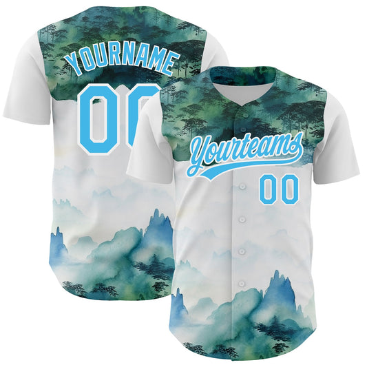 Custom White Sky Blue 3D Pattern Design Mountains Landscape Authentic Baseball Jersey - Sky-Custom