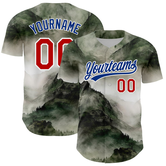 Custom White Red-Royal 3D Pattern Design Mountains Landscape Authentic Baseball Jersey - Sky-Custom