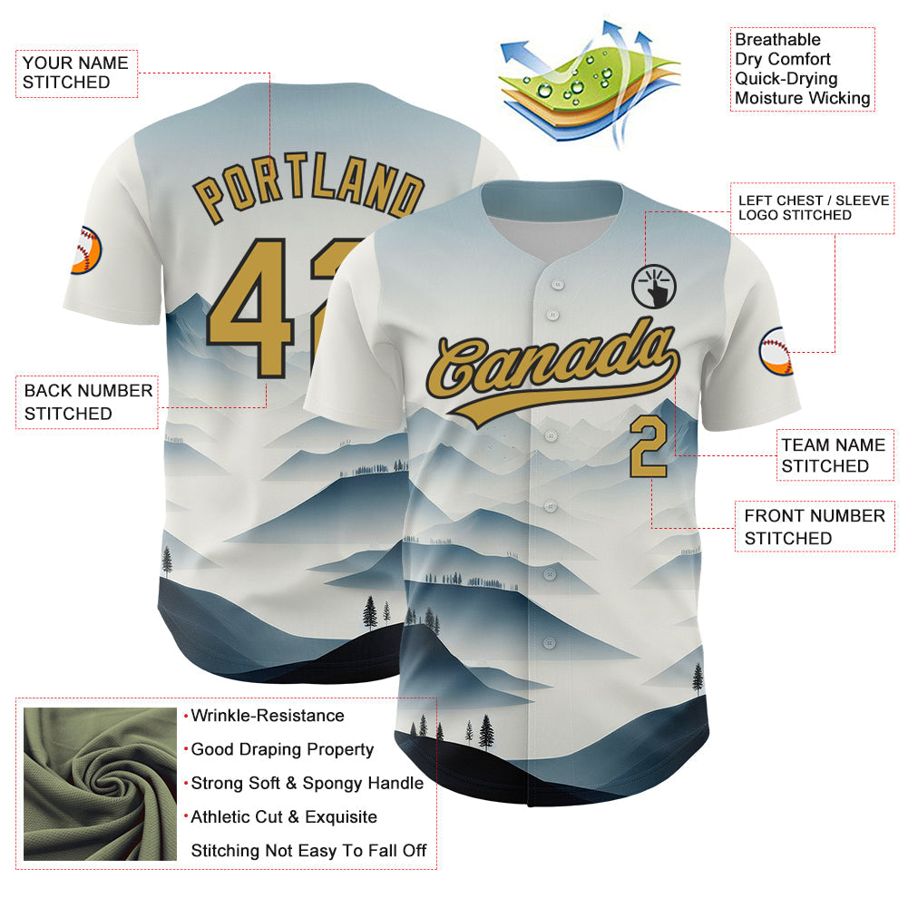 Custom White Old Gold-Black 3D Pattern Design Mountains Landscape Authentic Baseball Jersey - Sky-Custom