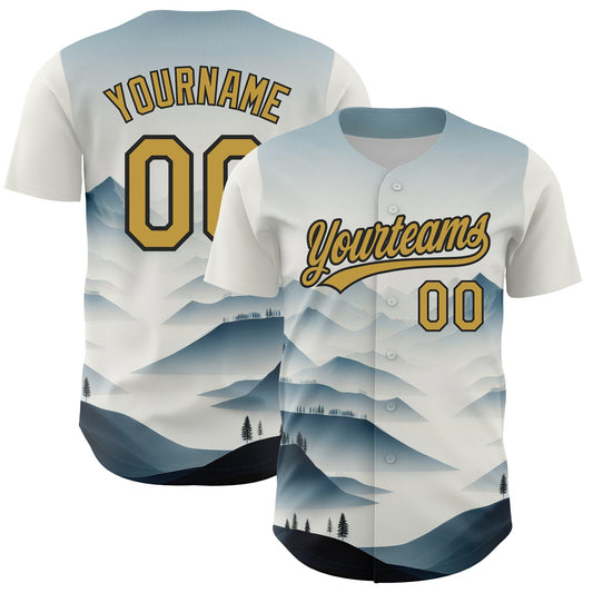 Custom White Old Gold-Black 3D Pattern Design Mountains Landscape Authentic Baseball Jersey - Sky-Custom