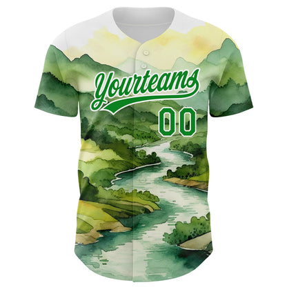 Custom White Grass Green 3D Pattern Design Mountains Landscape Authentic Baseball Jersey - Sky-Custom