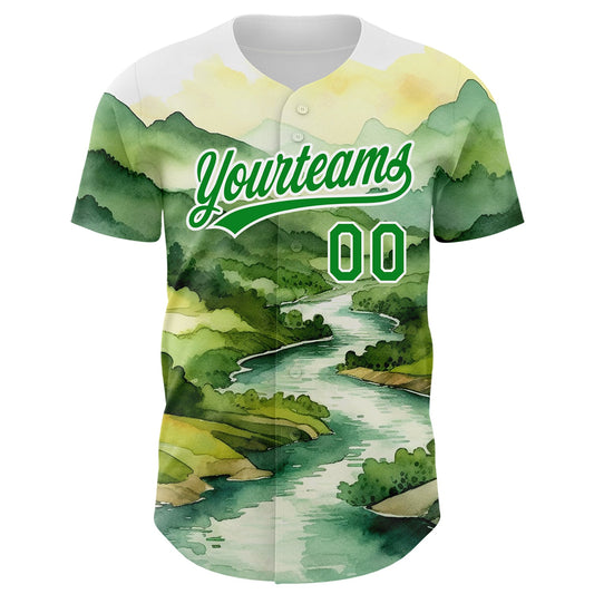 Custom White Grass Green 3D Pattern Design Mountains Landscape Authentic Baseball Jersey - Sky-Custom