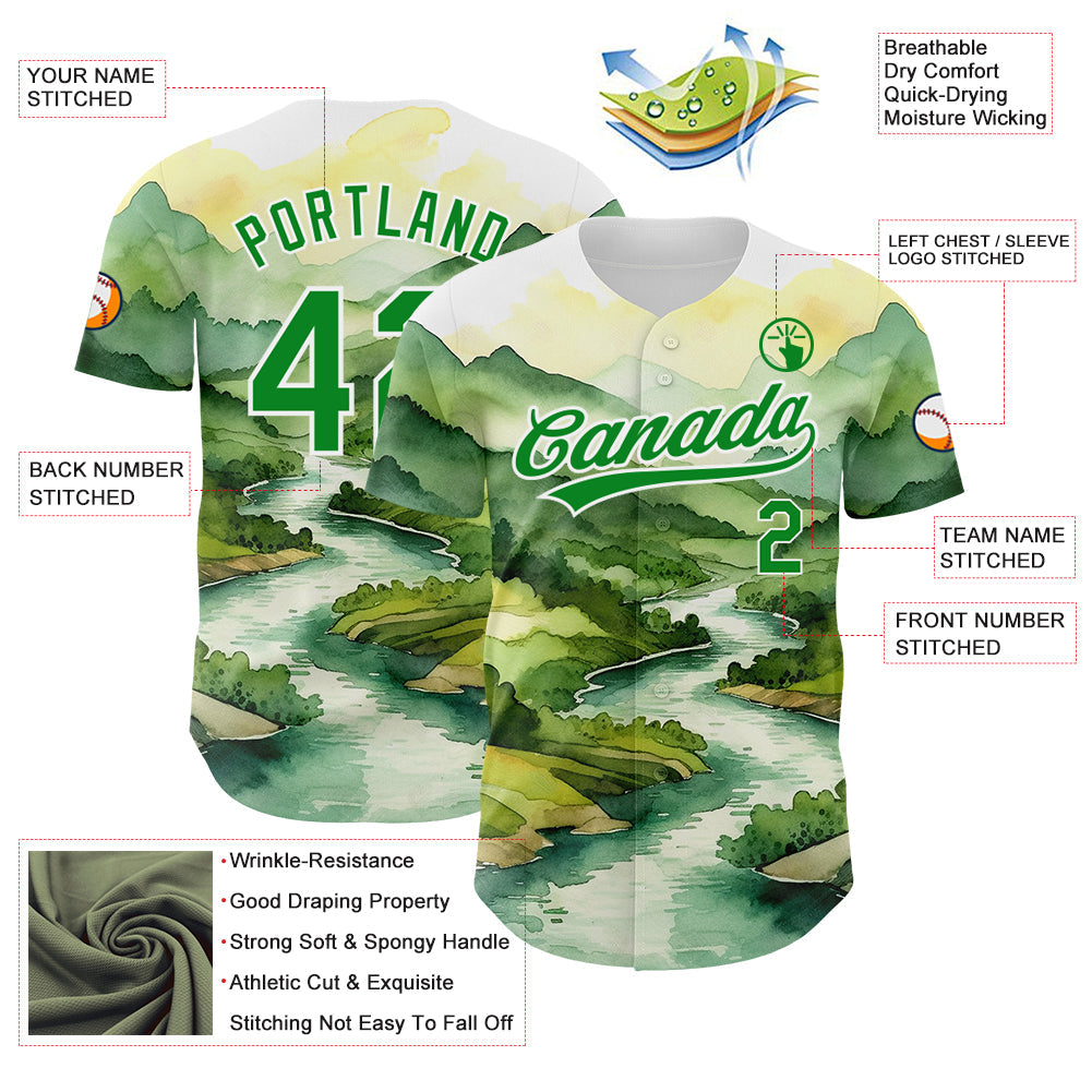 Custom White Grass Green 3D Pattern Design Mountains Landscape Authentic Baseball Jersey - Sky-Custom