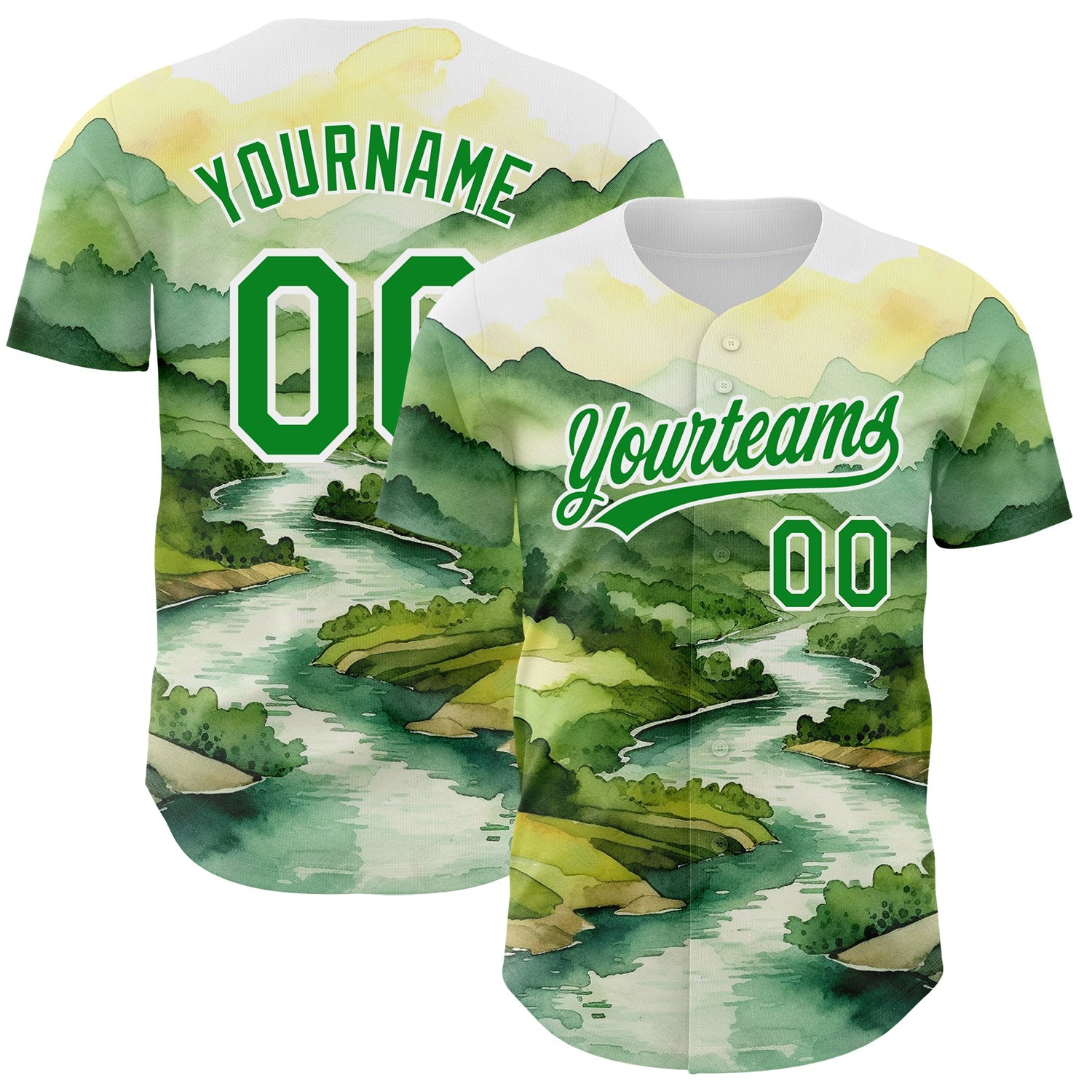 Custom White Grass Green 3D Pattern Design Mountains Landscape Authentic Baseball Jersey - Sky-Custom