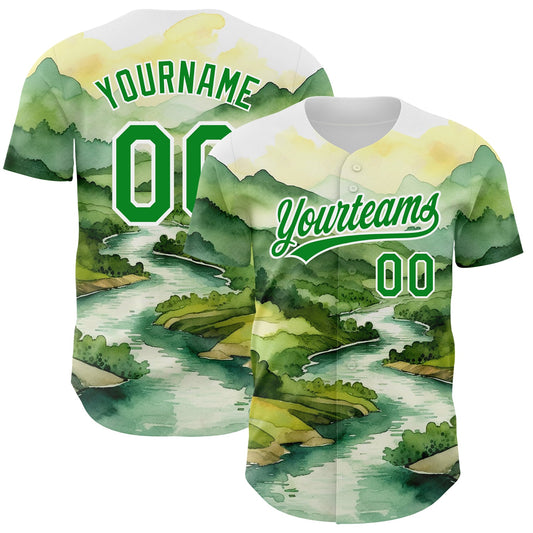 Custom White Grass Green 3D Pattern Design Mountains Landscape Authentic Baseball Jersey - Sky-Custom