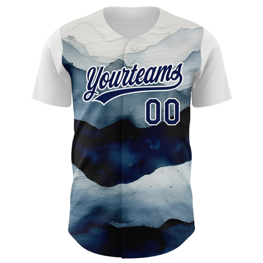 Custom White Navy 3D Pattern Design Watercolor Mountains Authentic Baseball Jersey - Sky-Custom