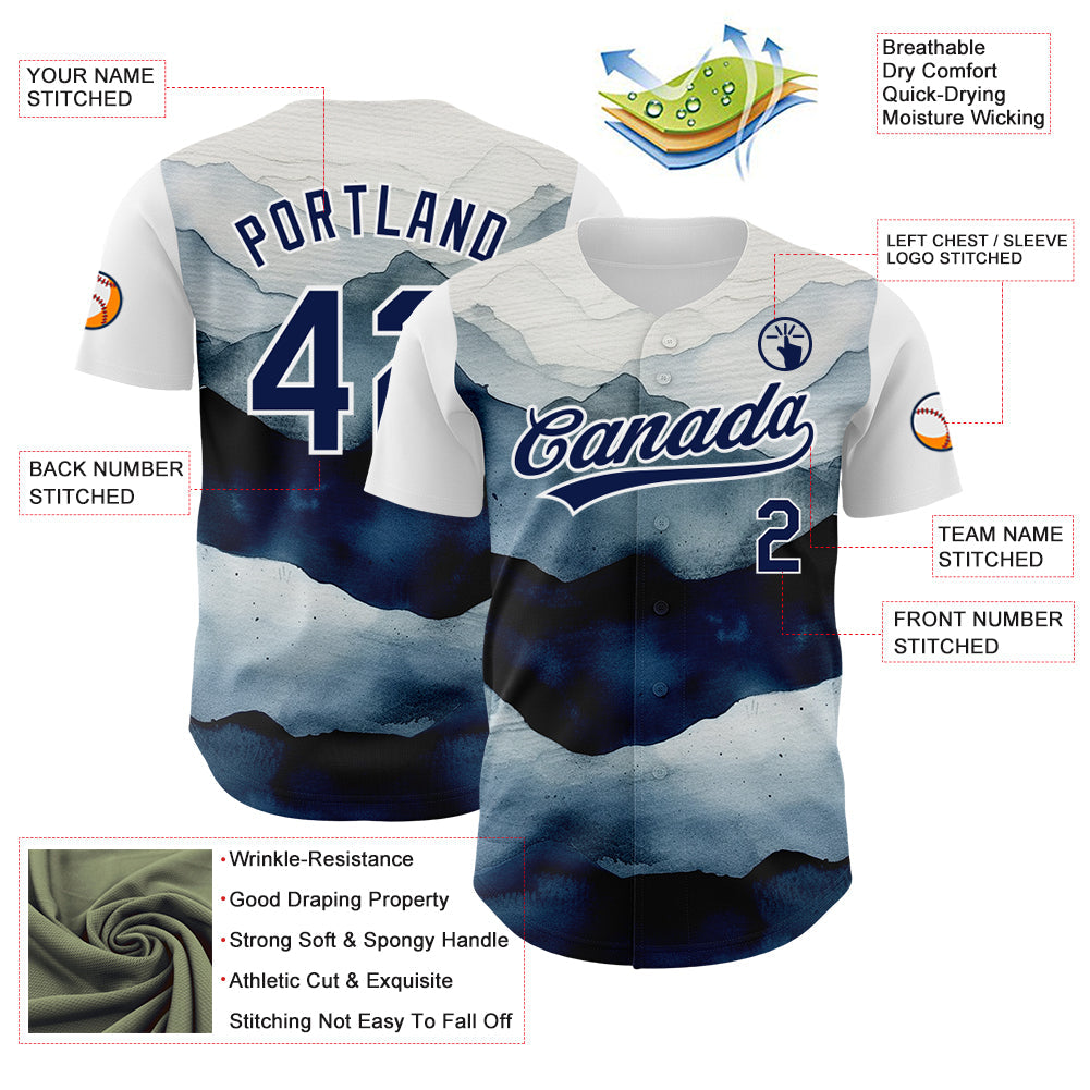 Custom White Navy 3D Pattern Design Watercolor Mountains Authentic Baseball Jersey - Sky-Custom