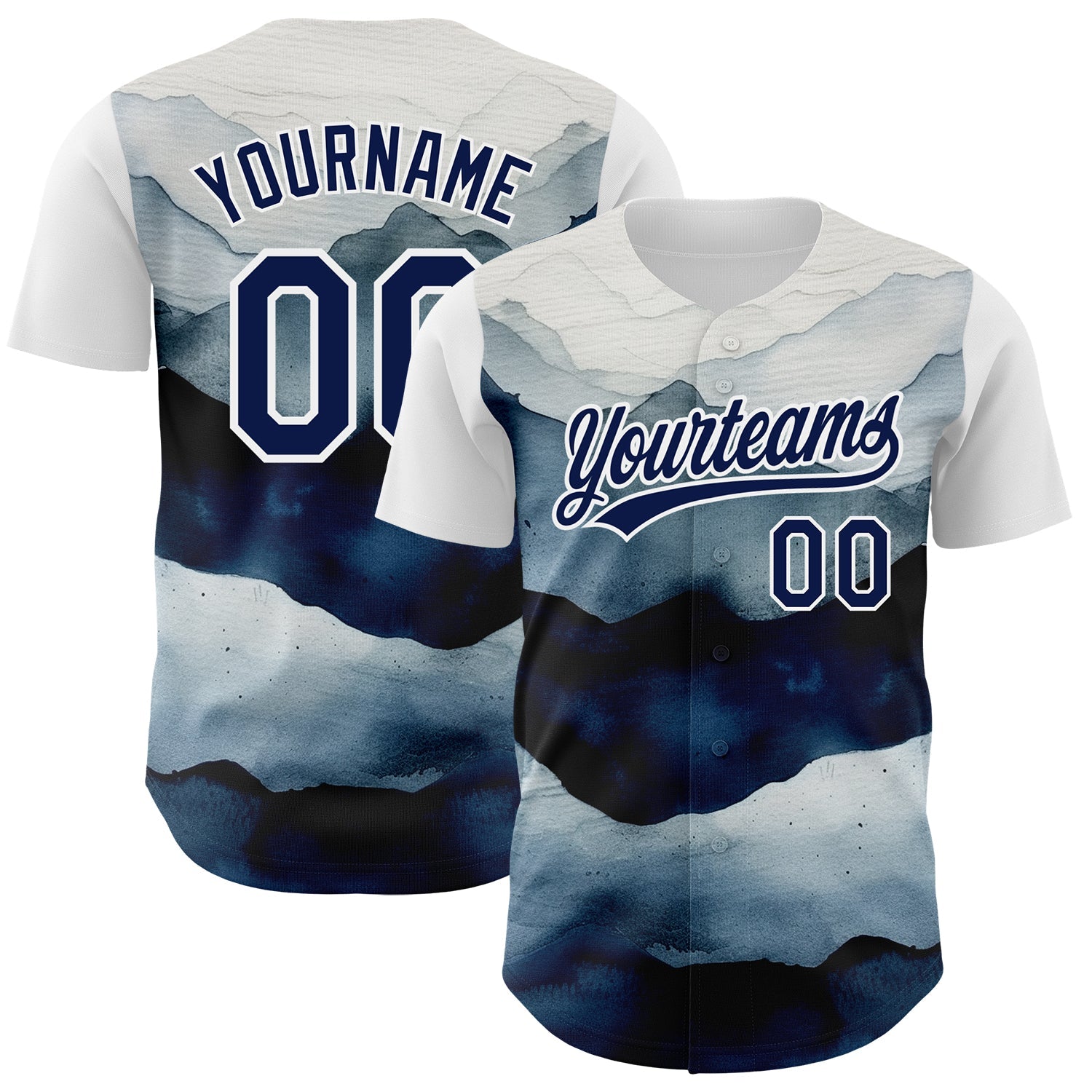 Custom White Navy 3D Pattern Design Watercolor Mountains Authentic Baseball Jersey - Sky-Custom