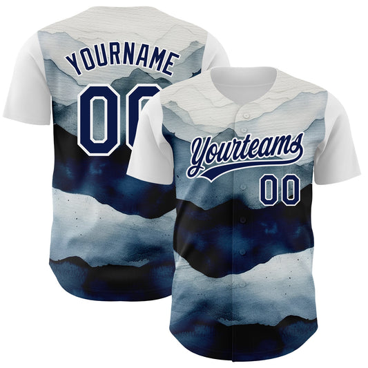 Custom White Navy 3D Pattern Design Watercolor Mountains Authentic Baseball Jersey - Sky-Custom