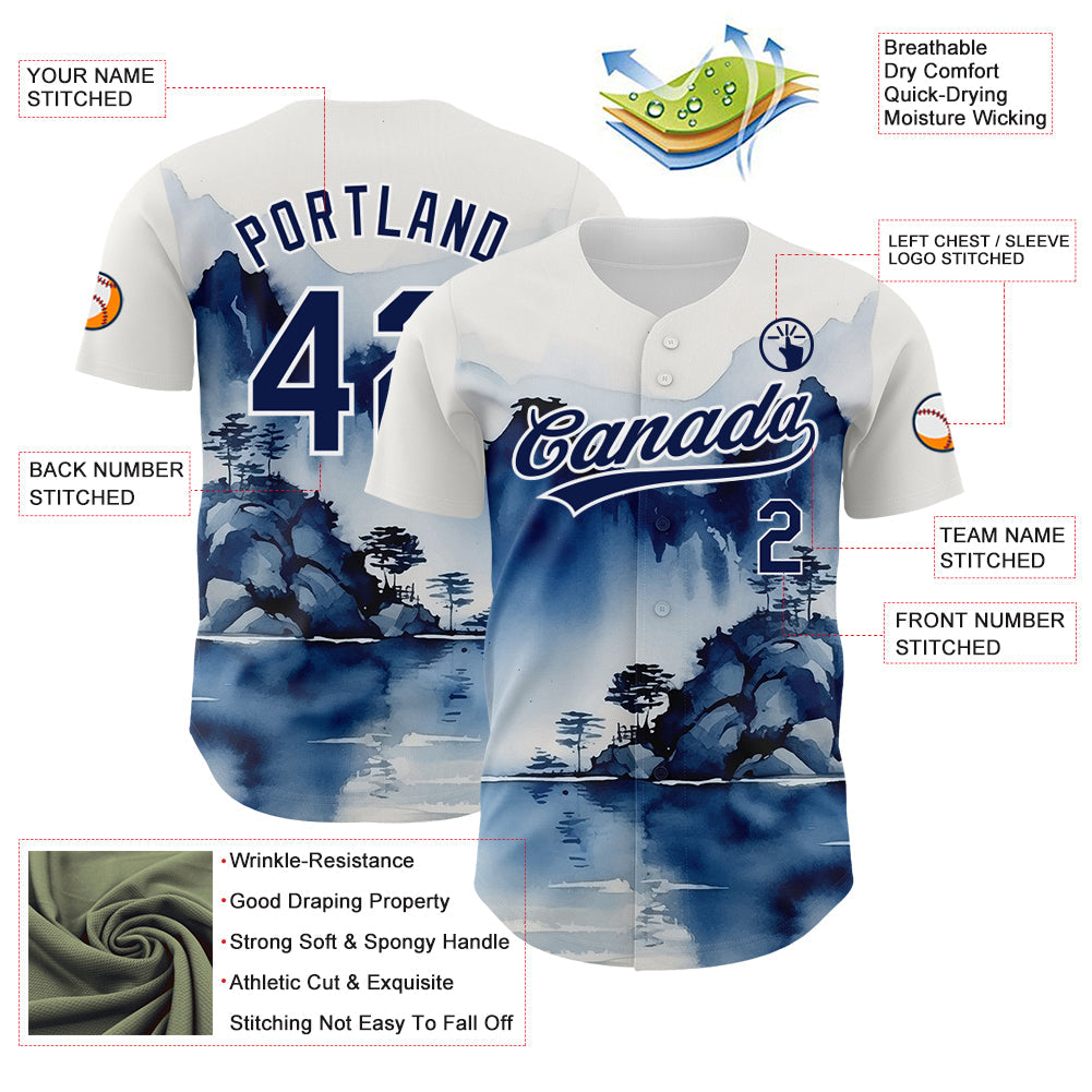Custom White Navy 3D Pattern Design Abstract Watercolor Mountains Authentic Baseball Jersey - Sky-Custom