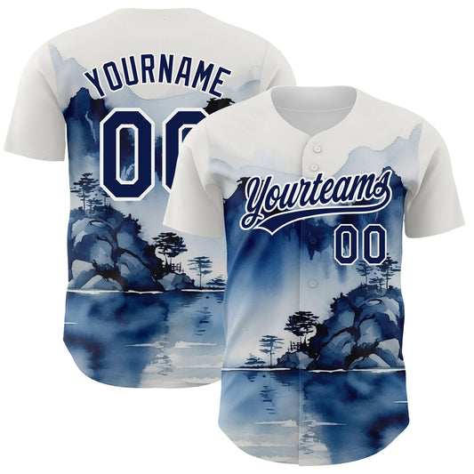 Custom White Navy 3D Pattern Design Abstract Watercolor Mountains Authentic Baseball Jersey - Sky-Custom