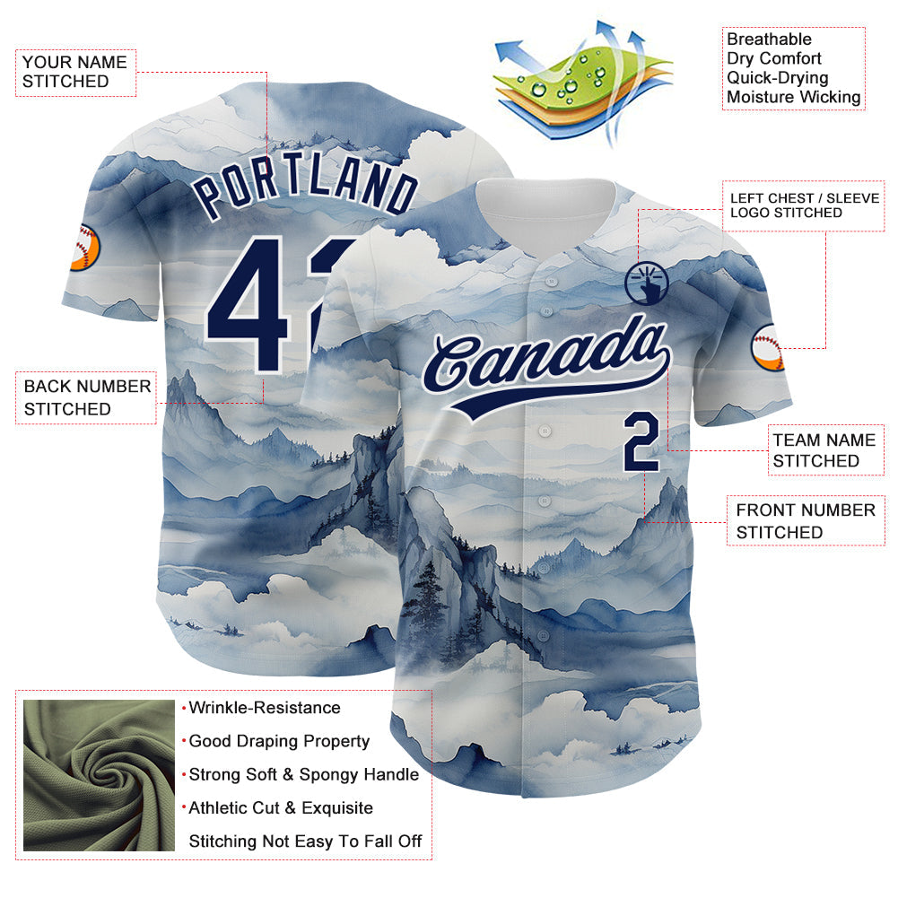 Custom White Navy 3D Pattern Design Mountains Landscape Authentic Baseball Jersey - Sky-Custom