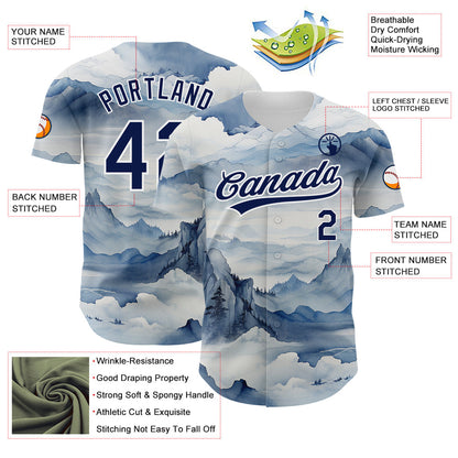 Custom White Navy 3D Pattern Design Mountains Landscape Authentic Baseball Jersey - Sky-Custom