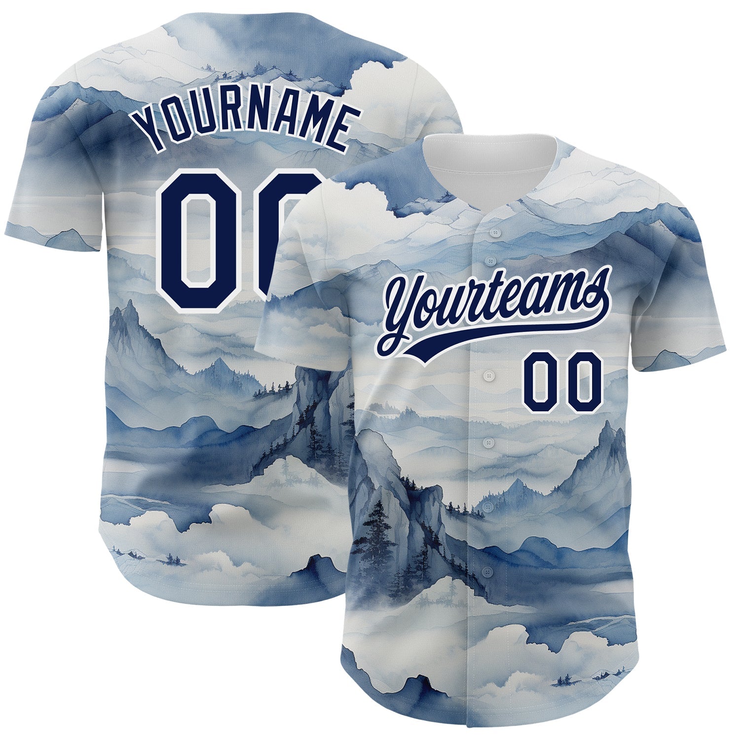 Custom White Navy 3D Pattern Design Mountains Landscape Authentic Baseball Jersey - Sky-Custom