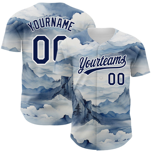 Custom White Navy 3D Pattern Design Mountains Landscape Authentic Baseball Jersey - Sky-Custom