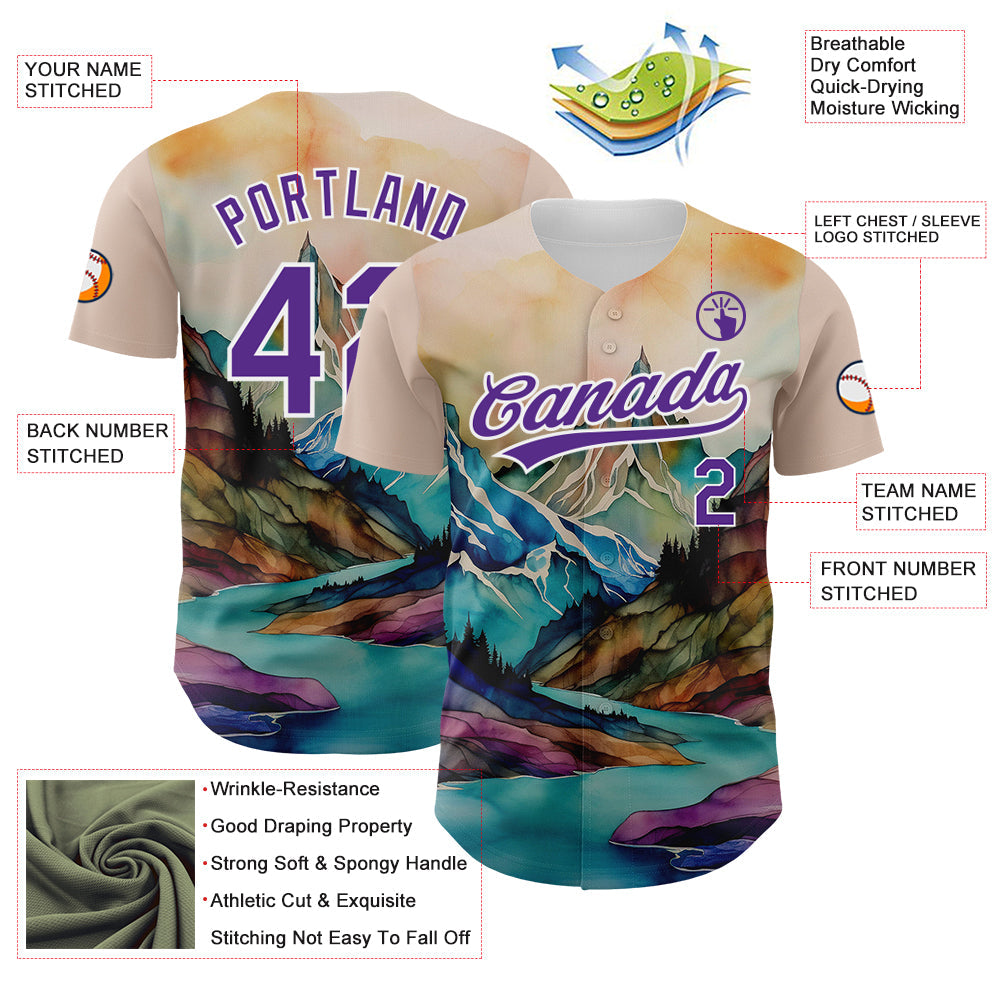 Custom White Purple 3D Pattern Design Mountains Landscape Authentic Baseball Jersey - Sky-Custom