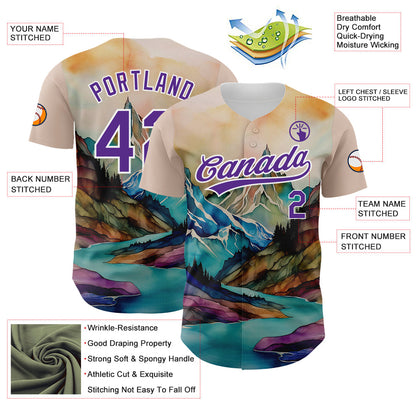 Custom White Purple 3D Pattern Design Mountains Landscape Authentic Baseball Jersey - Sky-Custom