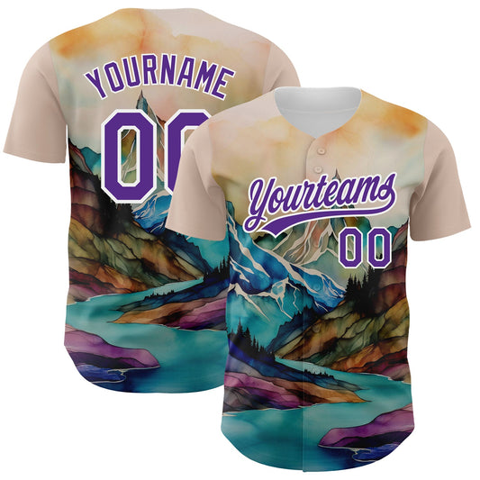 Custom White Purple 3D Pattern Design Mountains Landscape Authentic Baseball Jersey - Sky-Custom