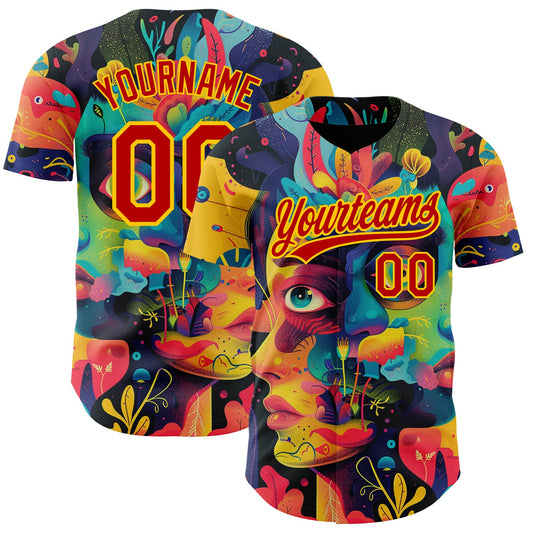 Custom Black Red-Yellow 3D Pattern Design Abstract Painting Authentic Baseball Jersey - Sky-Custom