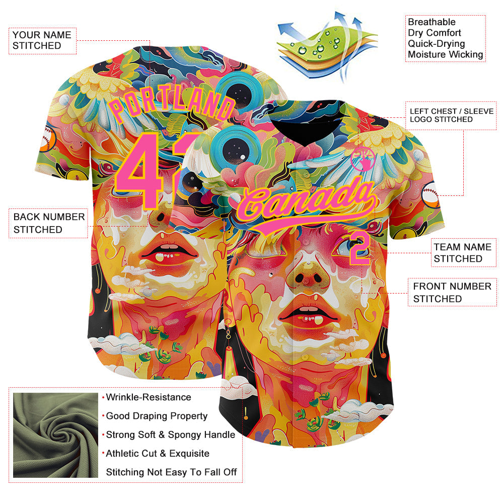 Custom Red Pink-Yellow 3D Pattern Design Abstract Painting Authentic Baseball Jersey - Sky-Custom