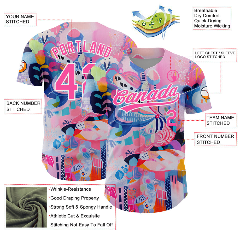 Custom Pink White 3D Pattern Design Abstract Painting Authentic Baseball Jersey - Sky-Custom