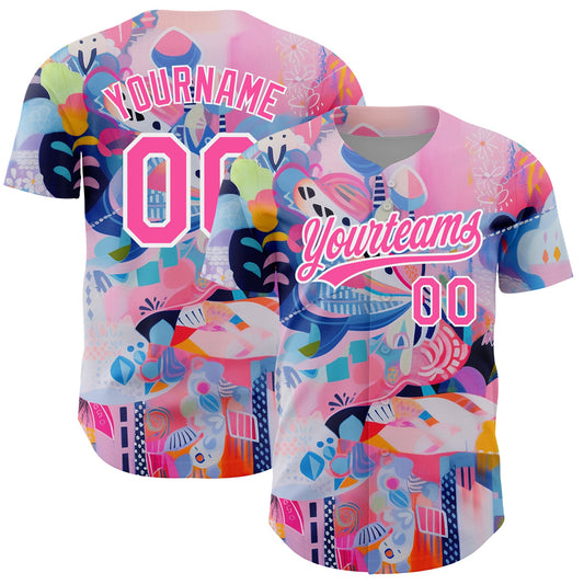 Custom Pink White 3D Pattern Design Abstract Painting Authentic Baseball Jersey - Sky-Custom