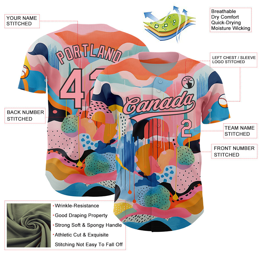 Custom Medium Pink Black 3D Pattern Design Abstract Painting Authentic Baseball Jersey - Sky-Custom