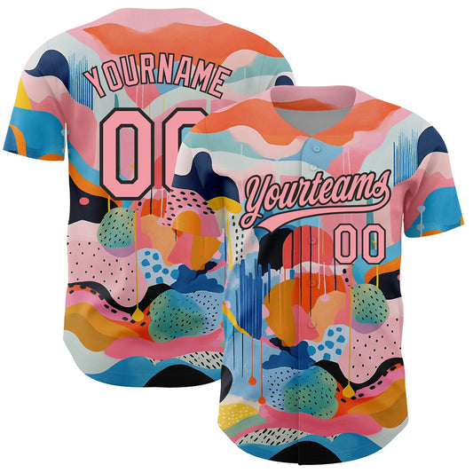Custom Medium Pink Black 3D Pattern Design Abstract Painting Authentic Baseball Jersey - Sky-Custom