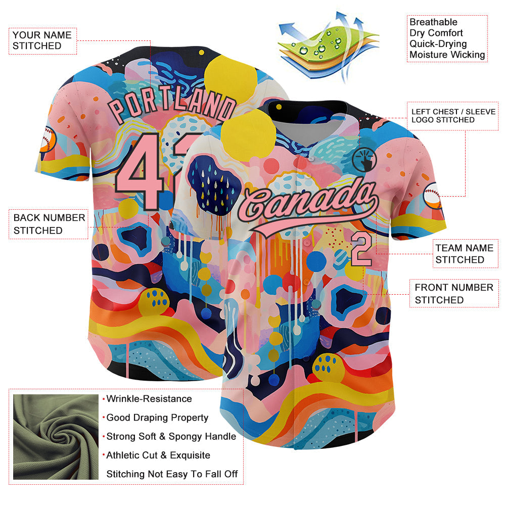 Custom Medium Pink Black 3D Pattern Design Abstract Painting Authentic Baseball Jersey - Sky-Custom