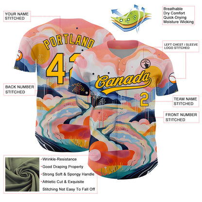 Custom Medium Pink Gold-Black 3D Pattern Design Abstract Painting Authentic Baseball Jersey - Sky-Custom
