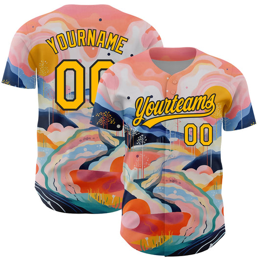 Custom Medium Pink Gold-Black 3D Pattern Design Abstract Painting Authentic Baseball Jersey - Sky-Custom