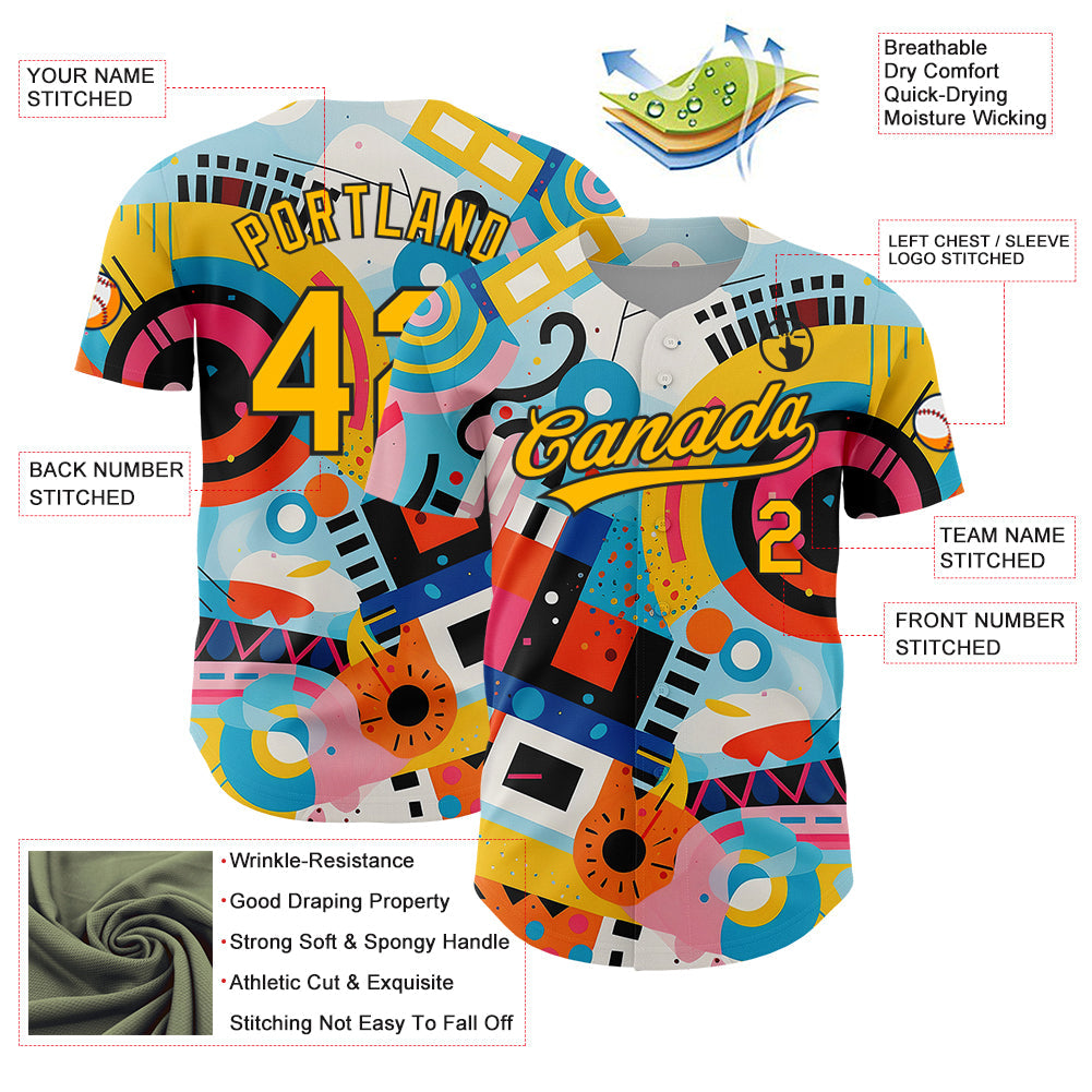 Custom White Gold-Black 3D Pattern Design Abstract Painting Authentic Baseball Jersey - Sky-Custom