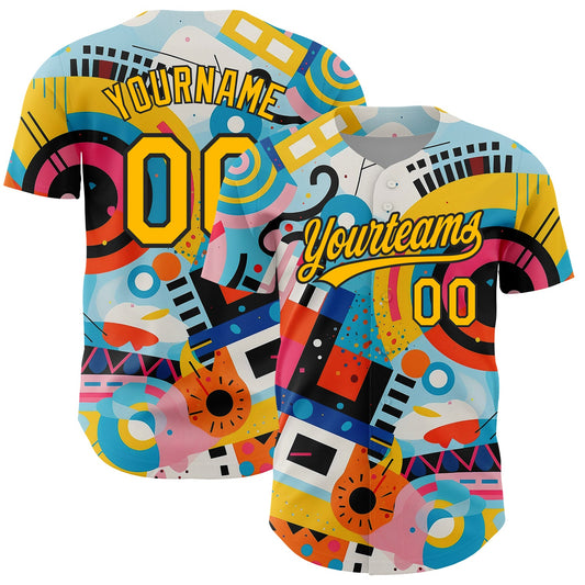 Custom White Gold-Black 3D Pattern Design Abstract Painting Authentic Baseball Jersey - Sky-Custom