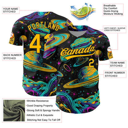 Custom Black Gold 3D Pattern Design Space With Planets And Stars Authentic Baseball Jersey - Sky-Custom