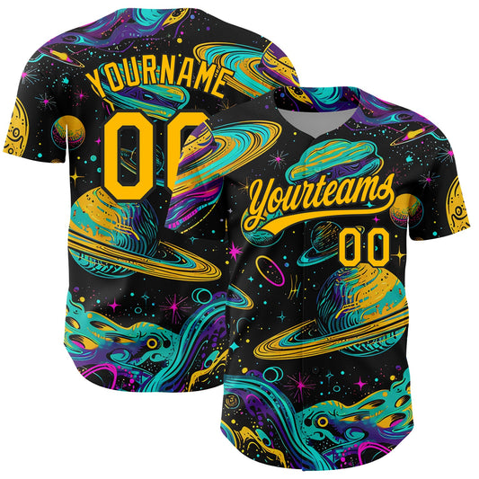 Custom Black Gold 3D Pattern Design Space With Planets And Stars Authentic Baseball Jersey - Sky-Custom