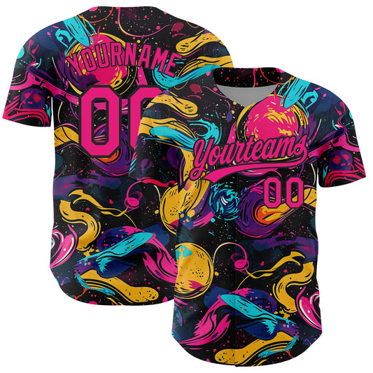 Custom Black Hot Pink 3D Pattern Design Abstract Painting Authentic Baseball Jersey - Sky-Custom