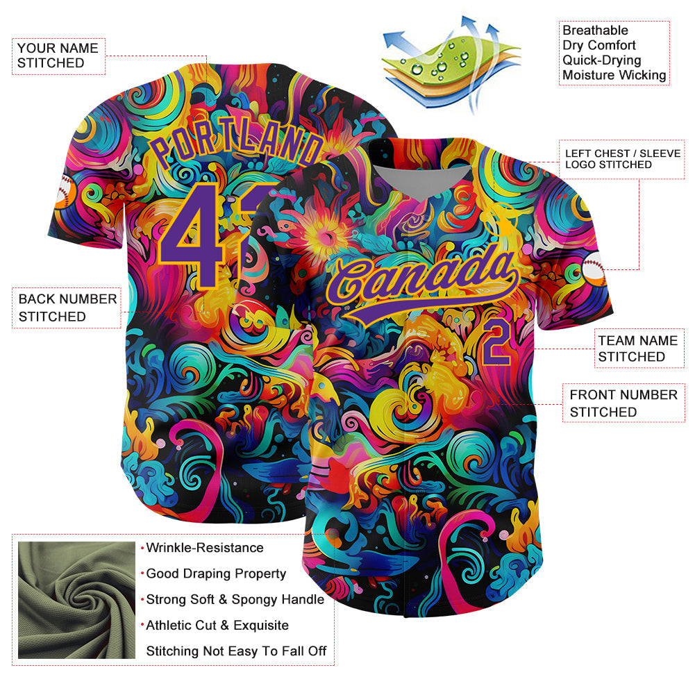 Custom Black Purple-Gold 3D Pattern Design Abstract Painting Authentic Baseball Jersey - Sky-Custom