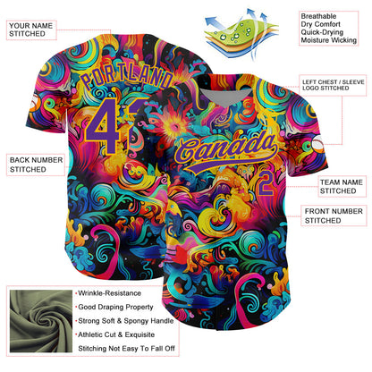 Custom Black Purple-Gold 3D Pattern Design Abstract Painting Authentic Baseball Jersey - Sky-Custom