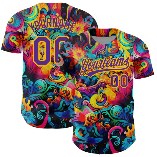 Custom Black Purple-Gold 3D Pattern Design Abstract Painting Authentic Baseball Jersey - Sky-Custom