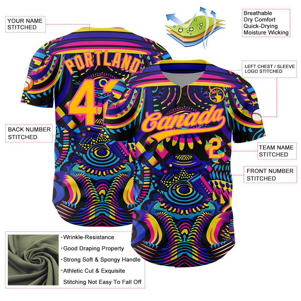 Custom Black Gold-Pink 3D Pattern Design Abstract Painting Authentic Baseball Jersey - Sky-Custom