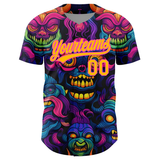 Custom Black Gold-Pink 3D Pattern Design Abstract Monsters Authentic Baseball Jersey - Sky-Custom